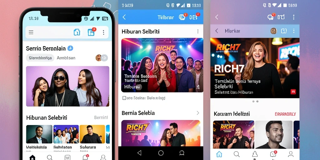 Antarmuka aplikasi RICH7 menampilkan berita selebriti terkini.