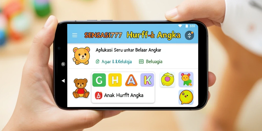 Tampilan antarmuka SENSASI777 yang cerah dan interaktif untuk belajar huruf dan angka.