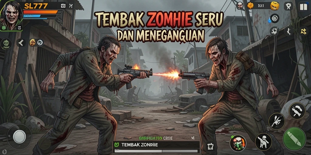 Tampilan antarmuka SL777 dengan aksi menembak zombie yang seru.